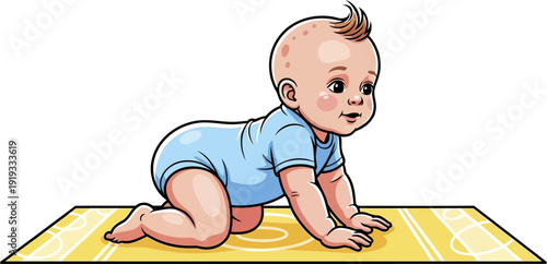 Cute baby crawling on a yellow patterned play mat