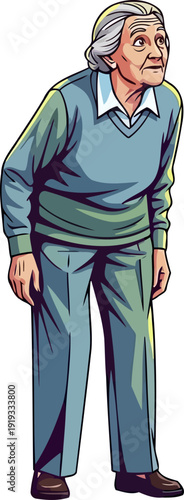 Elderly woman looking up with curious expression in blue sweater