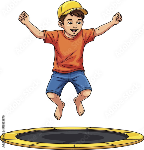 Energetic boy jumping high on a garden trampoline