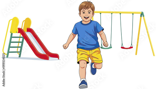 Happy child running at playground with slide