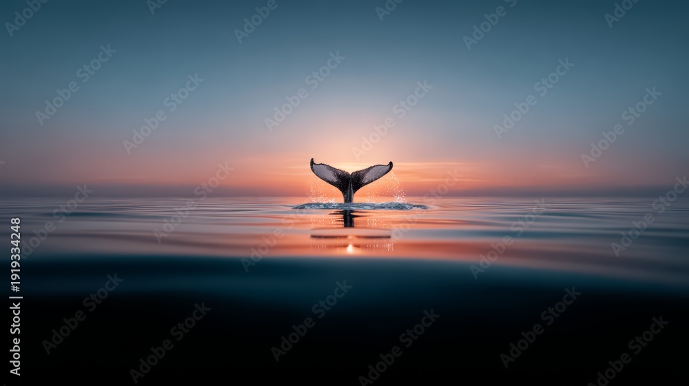 Fototapeta premium Whale tail is seen in the water with the sun setting in the background. Concept of tranquility and peacefulness