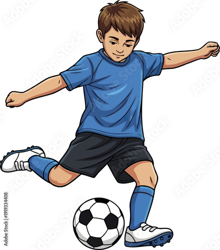Little soccer player kicking ball during sports match
