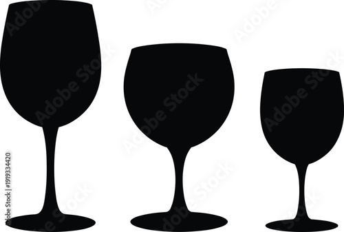 Wine glass silhouettes: three stemware shapes, tall wineglass, goblet, and cordial, minimalist black icons for elegant table dining, bar, beverage branding.