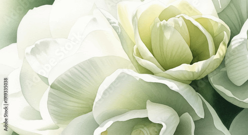 Elegant watercolor painting of delicate white tulips, a serene floral composition capturing the gentle beauty of spring blossoms