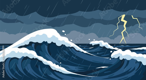 Dynamic illustration of an ocean storm with immense waves, heavy rainfall, and a striking lightning bolt tearing through the oppressive cloudy