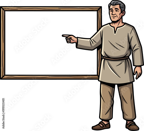 Teacher in traditional tunic pointing at blank whiteboard