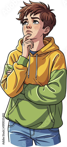 Thoughtful teenage boy in a hoodie looking upwards while thinking
