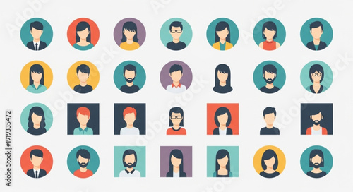 Collection of diverse user profile avatars in circular and square frames.