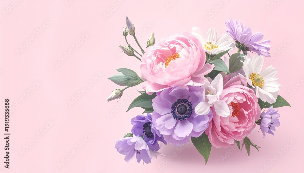 Fototapeta premium Charming bouquet of pastel pink, purple, and white flowers, symbolizing love and appreciation on a soft background
