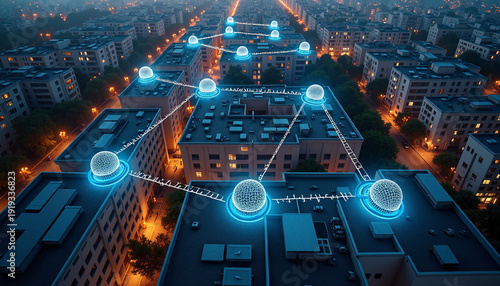Urban smart city network connected through glowing nodes above buildings at night, illustrating future technology and connectivity. Smart city vision includes advanced communication, infrastructure,