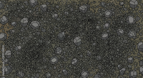 A meticulously rendered graphic illustration of a varied ground surface densely packed with angular gray rocks and fine gravel, creating an