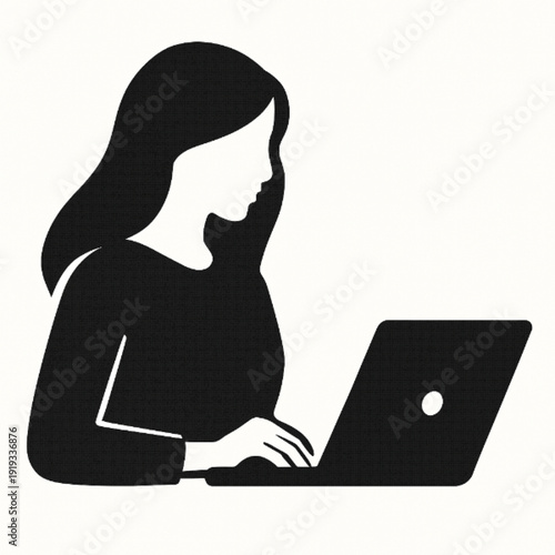 Silhouette Woman Working on Laptop Computer Profile