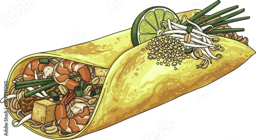 Thai pad thai noodles wrapped in a thin egg omelet