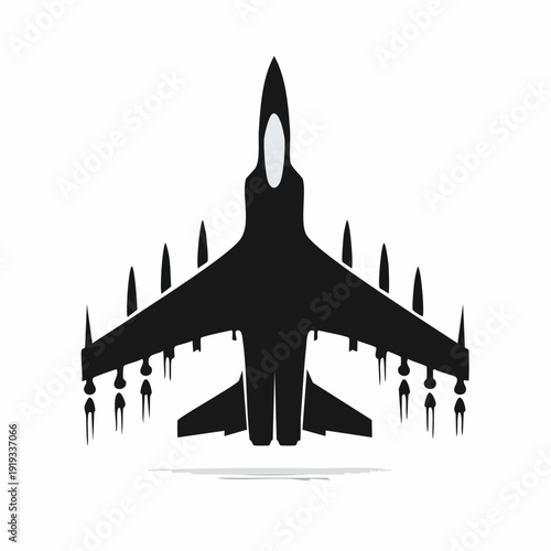 Silhouette of a fighter jet with people standing under its wings.