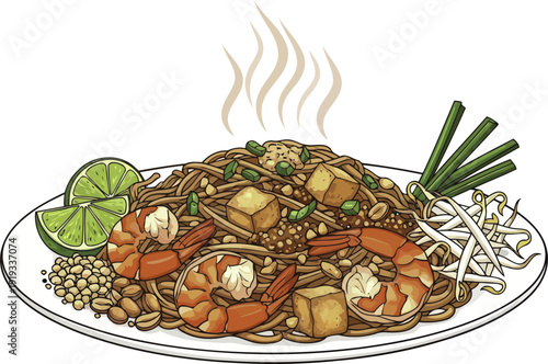 Traditional pad thai noodles with shrimp and peanuts