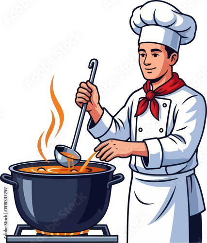 Chef with red scarf stirring a large cauldron of boiling soup