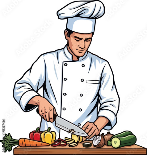 Professional cook slicing fresh bell peppers and carrots on a wooden board