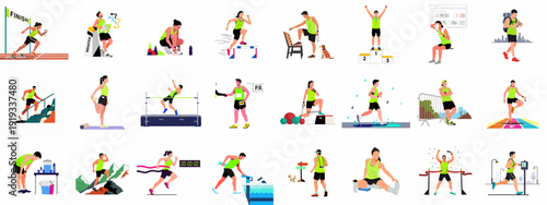 A collection of diverse illustrations showcasing athletes engaging in various running, training, and competition scenarios, from preparation to triumph and recovery.