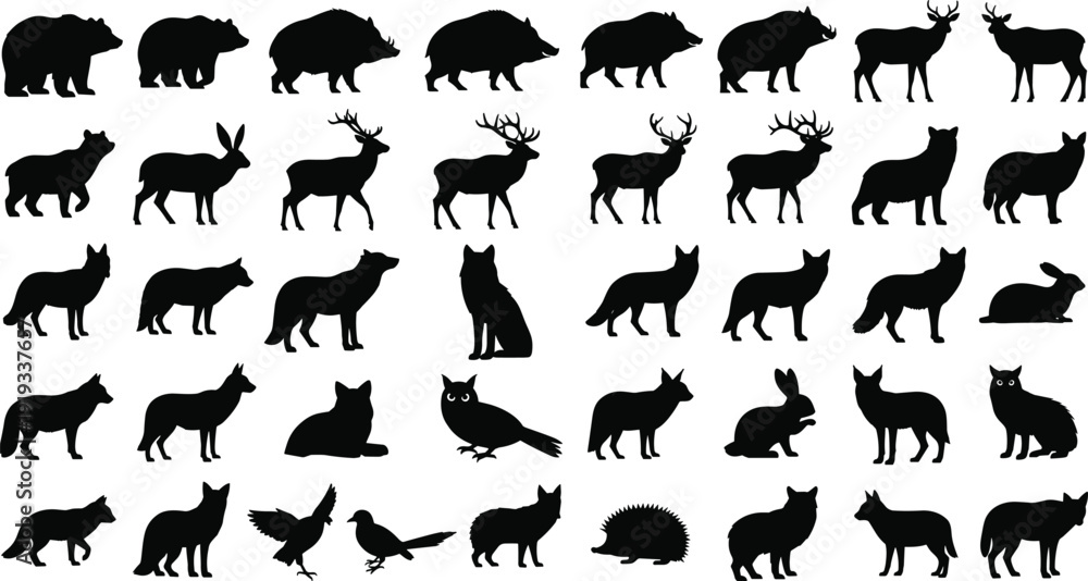 Fototapeta premium Wild Animal Silhouette Collection Featuring Forest Creatures Like Deer, Bear, Fox, Owl, Rabbit, Boar, 