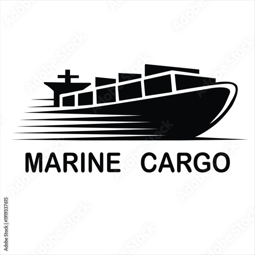 Dynamic black and white container ship logo with motion lines for marine cargo business