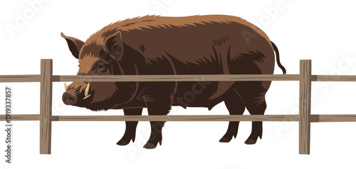Massive brown wild boar standing behind a rustic wooden rail fence