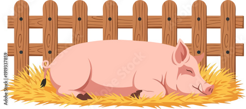 Pink pig sleeping peacefully on a bed of hay