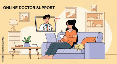 Woman consulting with doctor online via video call on laptop at home, receiving medical support and advice
