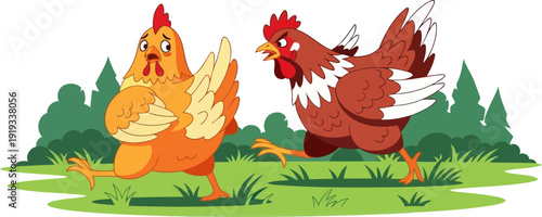 Two chickens running across a green grassy field in a farmyard