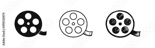 Film Reel Icons Set in Different Styles - Solid, Outline, and Hand Drawn