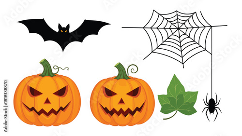 Halloween spooky decorations set featuring two jack o lanterns with scary faces a black bat a spider web with a spider and a green leaf.