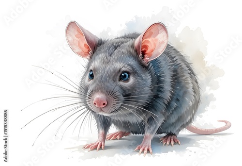 Realistic Gray Mouse Illustration with Whiskers and Big Eyes