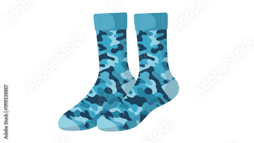 Pair of blue camouflage pattern socks with a ribbed top and reinforced heel and toe area presented on a white background for clothing retail.