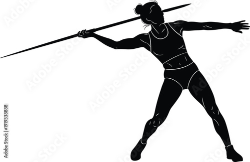 Minimalist black silhouette illustration of athlete preparing to throw javelin, dynamic sports concept emphasizing strength, focus, competition, track and field performance, and athletic lifestyle.