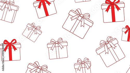 Seamless pattern of hand drawn gift boxes with red ribbons and bows scattered randomly on a white background for festive wrapping paper.