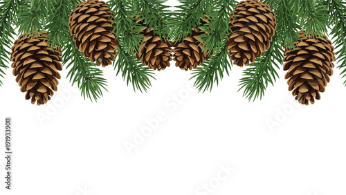 Decorative border featuring realistic pine branches and brown pine cones arranged along the top edge of the frame.