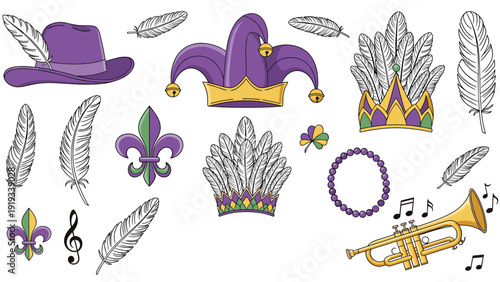 Vibrant mardi gras celebration set featuring carnival hats colorful feathers music notes a trumpet and fleur de lis symbols.