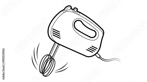 Dynamic line drawing of an electric hand mixer with spinning beaters indicating movement and action for baking themes.