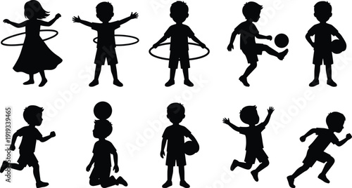Children silhouettes collection playing sports and hula hoop isolated on white background, active kids vector illustration set for healthy lifestyle and recreation design