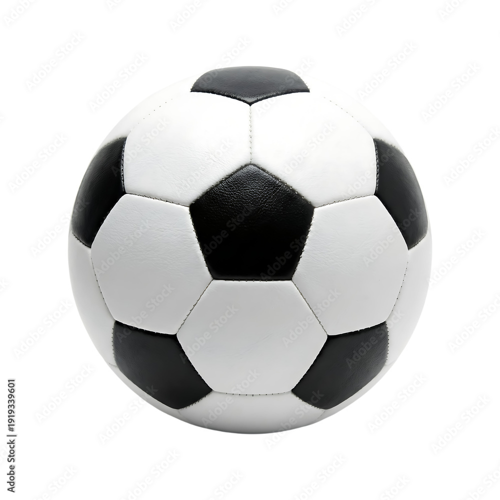 Fototapeta premium Soccer ball classic black and white pentagon hexagons stitched design realistic sporty game equipment on transparent background object isolated
