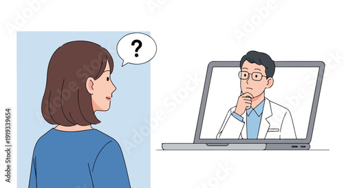 Patient consults doctor online via video call, seeking medical advice and diagnosis for health concerns