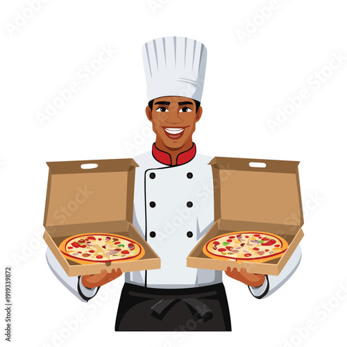 Chef presenting two pizzas in open boxes