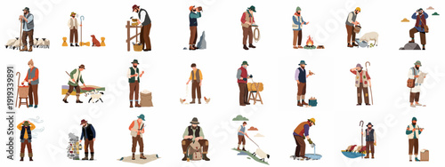 Diverse Illustrations of Shepherds Engaged in Traditional Rural Life, Animal Care, and Farming Activities