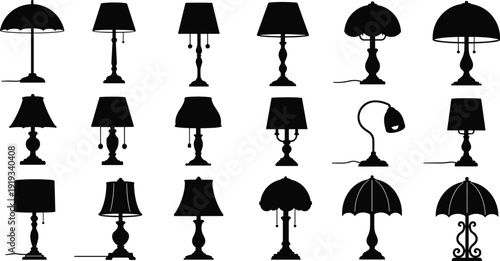 Collection of table lamp silhouettes isolated on white background, vintage and modern lighting fixture set for interior design, home decor vector illustration