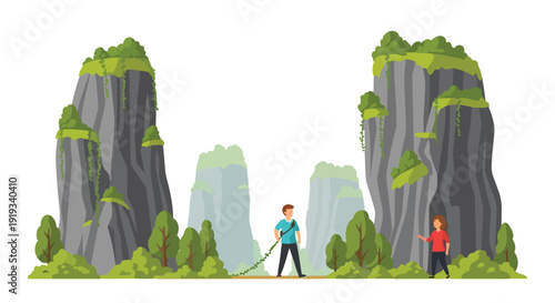 Illustrated scene of adventurers exploring a verdant tropical mountain range an ideal destination for nature exploration and discovery