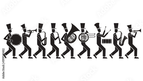 Silhouette of marching band performing in unison with various instruments