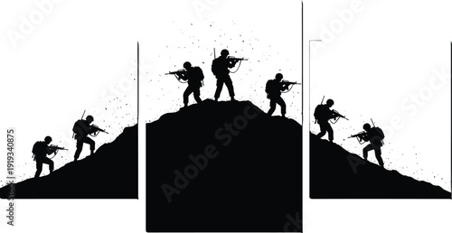 Silhouette soldiers with rifles on hill in military patrol operation artwork, tactical scene - flavector