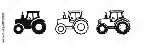 Farm tractor icon set. Agricultural vehicle in flat, outline, and hand-drawn doodle styles, isolated on white background.