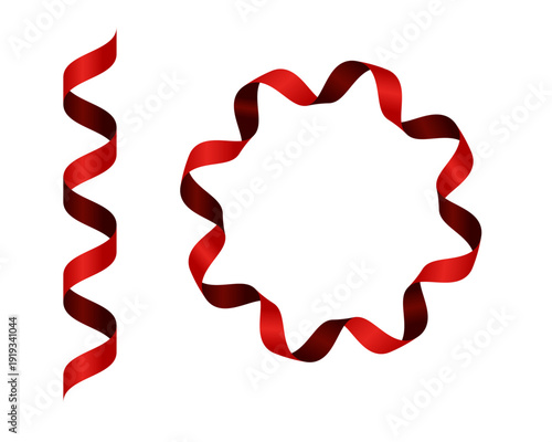 立体的な赤い螺旋リボンのイラストセット、光沢感のある上品なカールデザイン。垂直に伸びるスパイラル形状と円形のフレームリボン。クリスマス、バレンタイン、誕生日、アニバーサリーの装飾素材。ギフトラッピングやキャンペーンのバナー、高級感のあるデザインに最適なベクター素材。