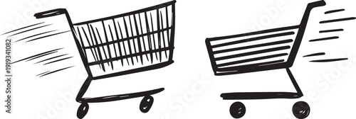 Racing shopping cart icons, fast moving supermarket trolleys.
