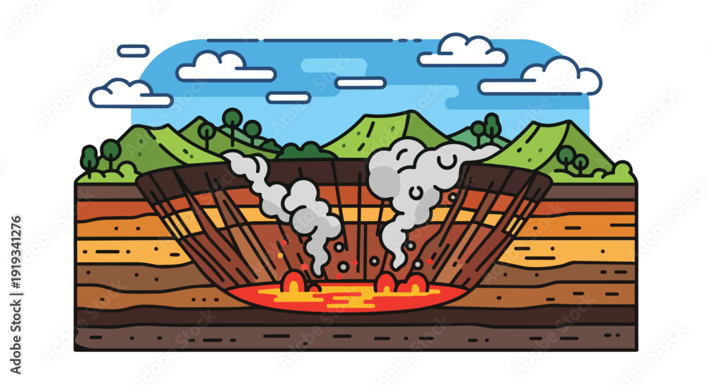 Obraz premium Dynamic volcanic eruption illustrating earth's powerful geological processes and internal structure educational cross-section